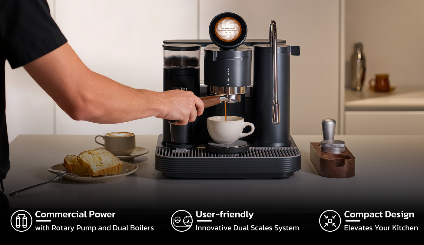 Professional espresso machine with intuitive touchscreen UI and interactive barista workflow guide.