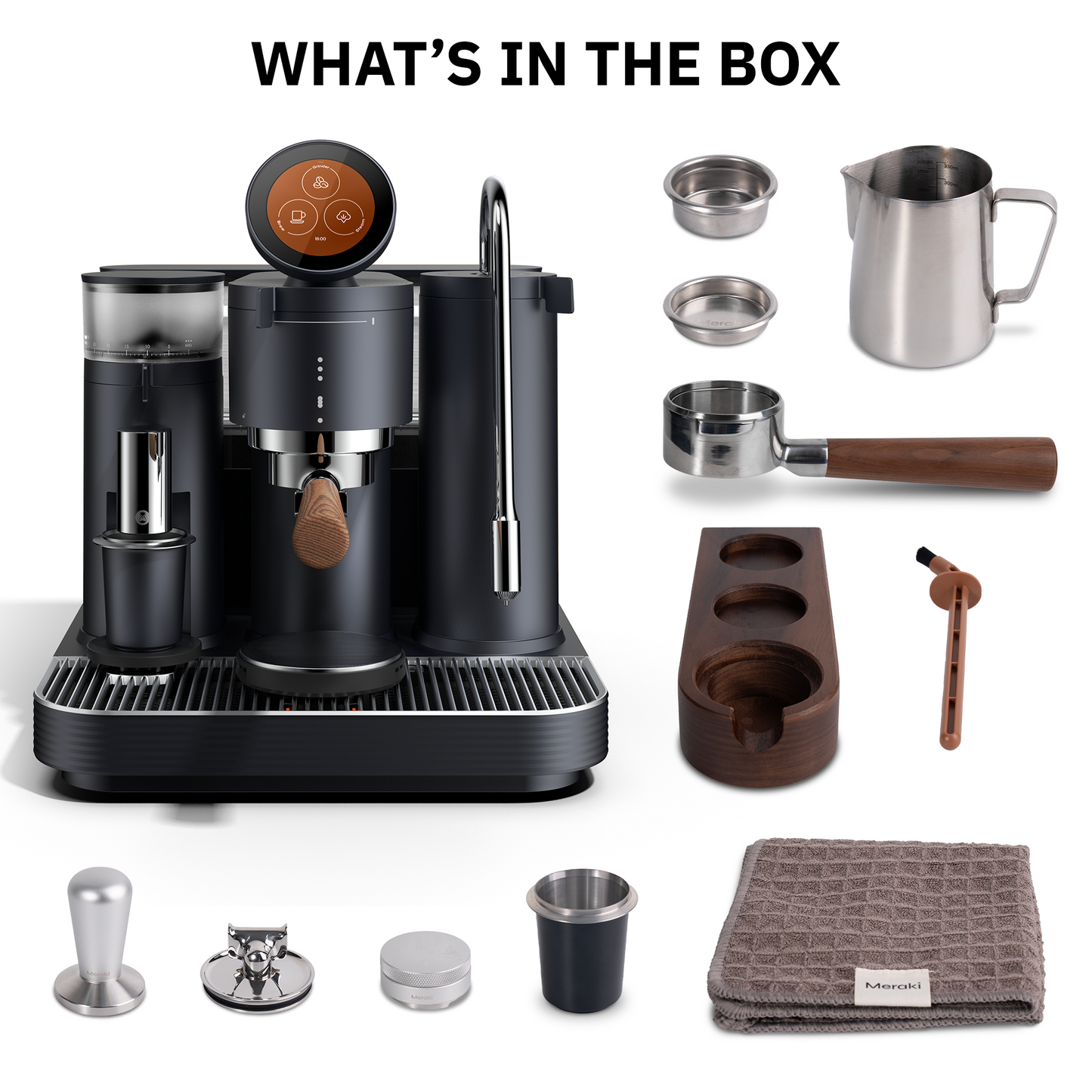 Black Meraki semi automatic coffee machine, a modern coffee maker with 370x370x412mm dimensions.