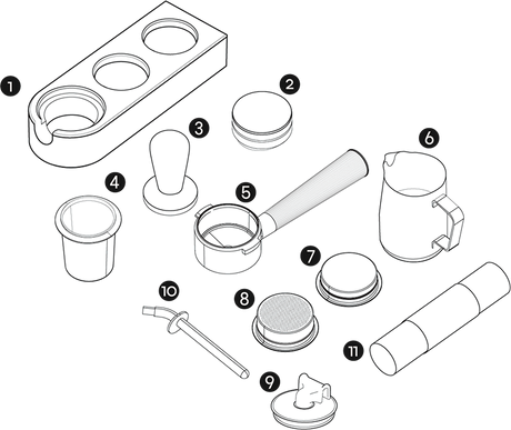 Essential barista tools included with the Meraki espresso machine for home, making it easy to pull the perfect shot.